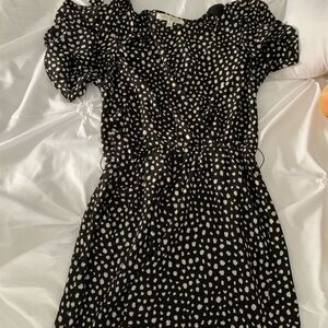 Black and White Ruched Puff Sleeve Mini Dress